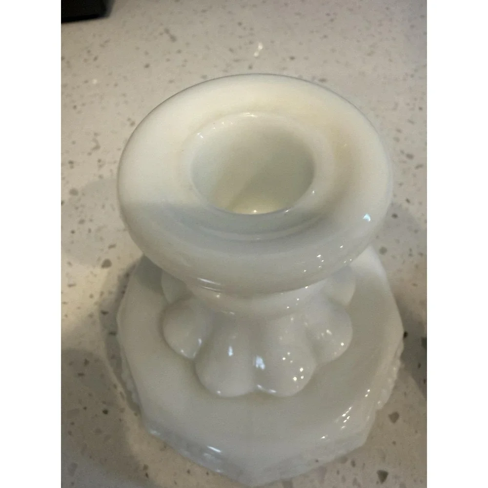 Westmoreland Paneled Grape Milk Glass Pair Of Candle Stick Holders  Mid Century